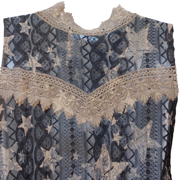 Origami Lace Hi Low Vest Womens L Boho Star Taupe Black Boho Western Layering - Picture 5 of 11
